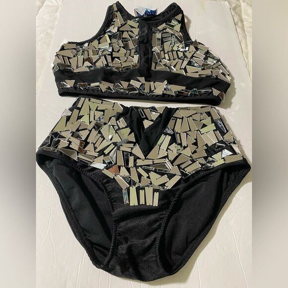 Glamour dance costume broken glass two-piece silver embellishment XLA/LA - Picture 2 of 11